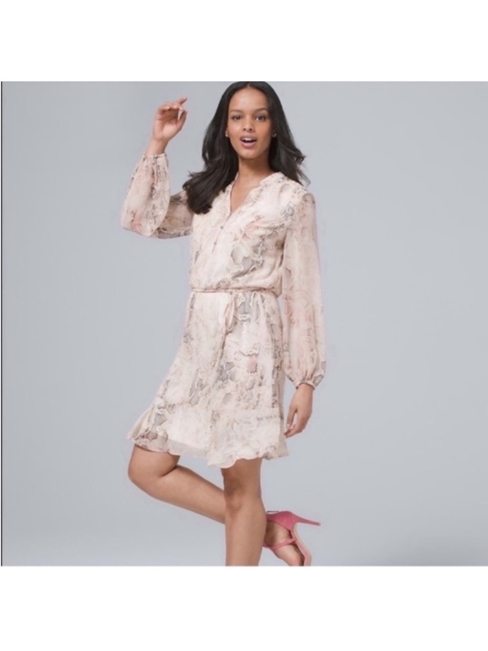 White House Black Market Snake Print Chiffon Mini Dress Sz 12/L Long Sleeve